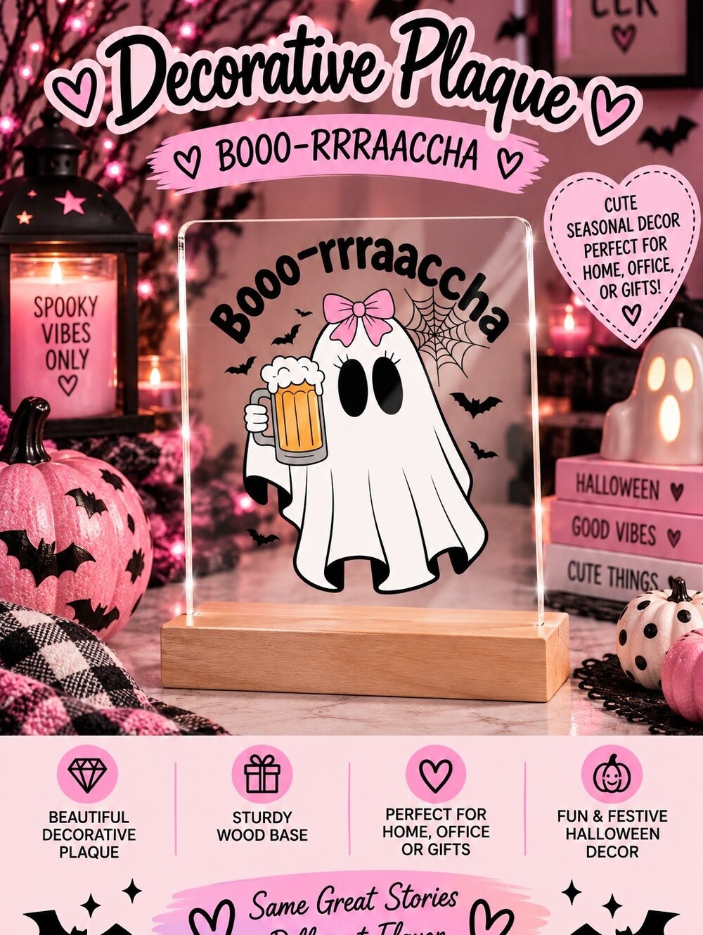Pink Halloween Booo-Rrraaccha Ghost Decorative Plaque!! 🍺🩷